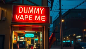 Find Dummy Vapes near me—vibrant vape shop with colorful neon signage on a bustling street.