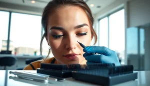 Lash techs professionally applying stunning eyelash extensions in a vibrant salon.