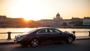 Experience luxury private car service Budapest with a premium black sedan by the Danube River.