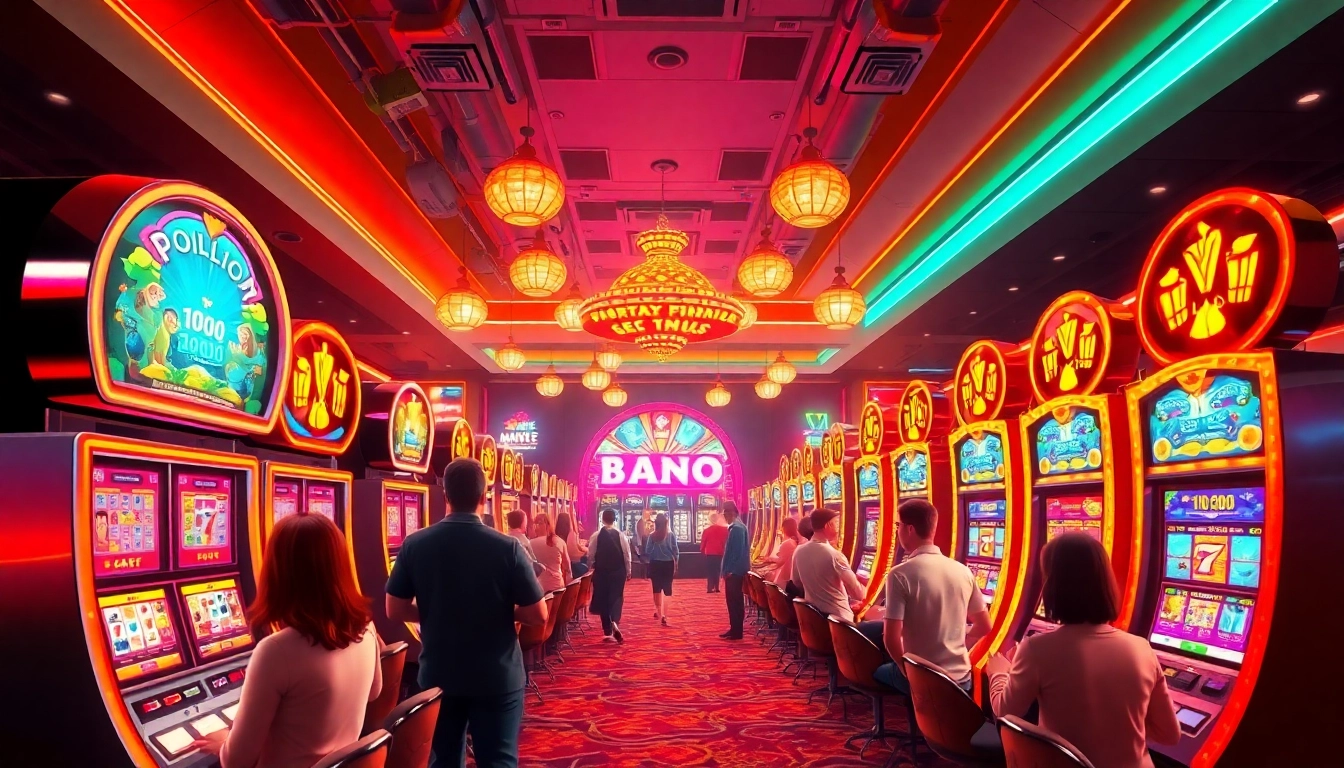 Play ปั่นสล็อตฟรี at an electrifying casino with colorful slot machines and joyful players.