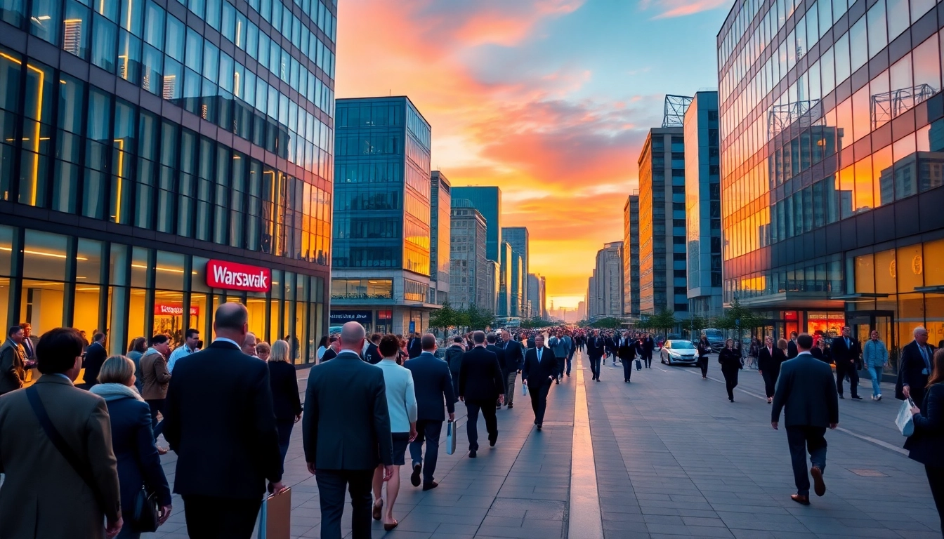 Setting up a business in Poland with an impressive skyline and professionals collaborating on Polonya'da Şirket Açmak.