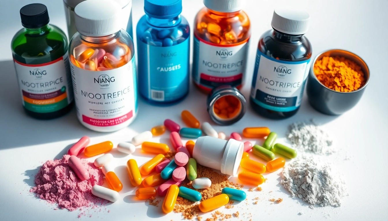 Nootropics displayed in vibrant colors, highlighting different forms for enhancing cognitive function.