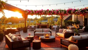 Elegant outdoor gathering showcasing Dallas event furniture rentals, vibrant florals, and stylish lounge areas.