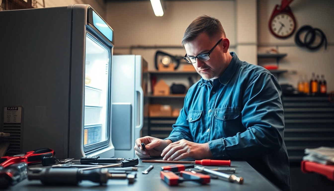 Technician engaged in soda cooler repair, demonstrating professional maintenance techniques with tools.