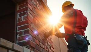 Facade Removal process in action with a worker dismantling a brick facade.