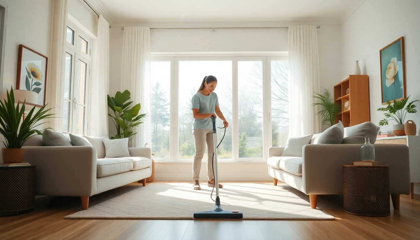 Cleaning company in Jacksonville providing high-quality home cleaning services in a bright living room.