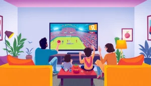 Enjoy a free iptv trial showcasing a family watching various channels on a large TV.