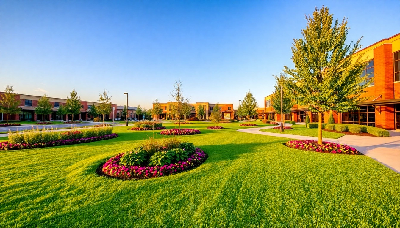 Commercial landscaping contractors creating an elegant outdoor space with vibrant greenery and colorful flowers.
