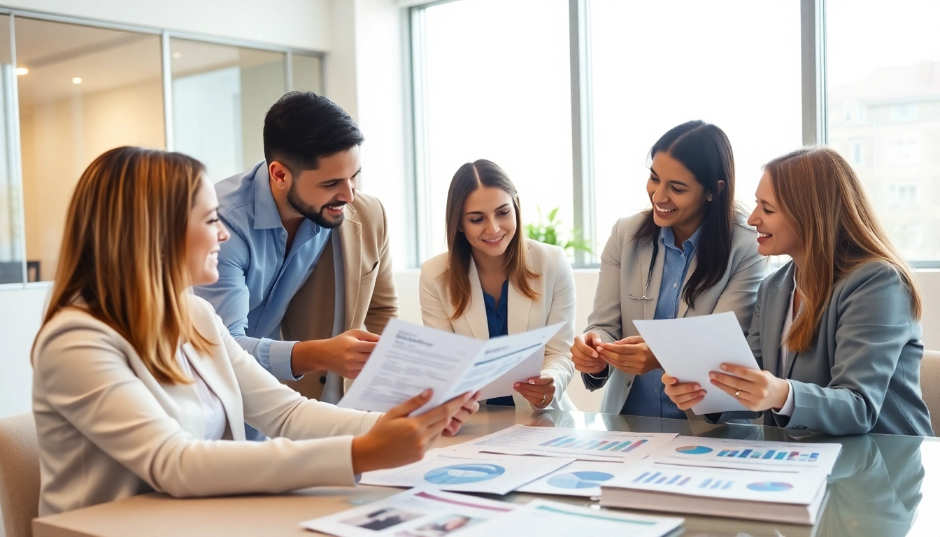 Showcase effective werbung pflegedienst strategies with a collaborative team discussing marketing materials in a vibrant office.
