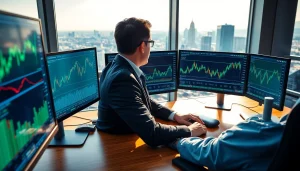 Trader observing trade futures trends on screens in a modern office environment.