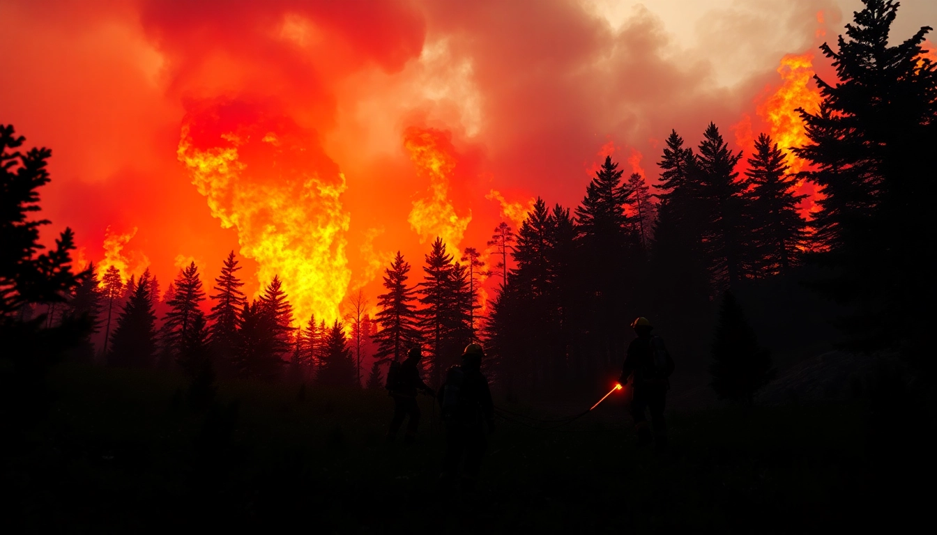 Firefighters battling wildfire events under a dramatic sunset, illustrating urgency and heroism.