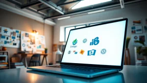 Crafting an AI business branding identity with a laptop showcasing logo designs in a creative workspace.