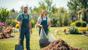 Professional dog poop cleaning service team efficiently scooping waste in a sunny backyard.