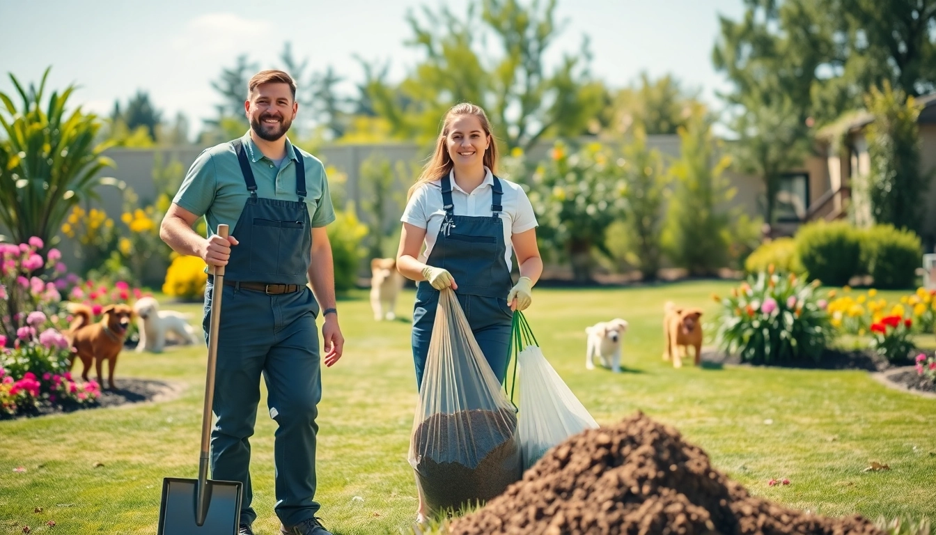 Professional dog poop cleaning service team efficiently scooping waste in a sunny backyard.