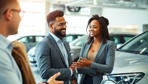 Engaging competitive car Part Exchange consultation between a customer and salesperson in a dealership.