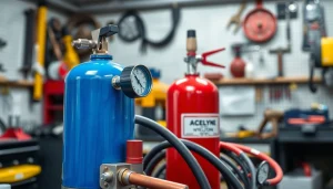 Using an oxy acetylene welding kit on a well-organized workshop bench with essential tools.