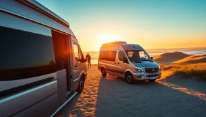 Admiring the perfect campervan parked on a scenic beach at sunset.