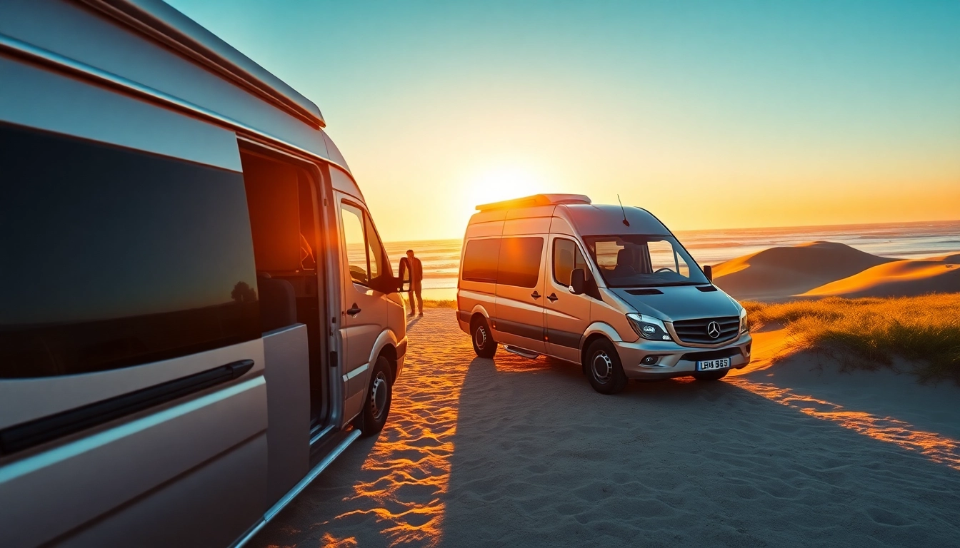 Admiring the perfect campervan parked on a scenic beach at sunset.