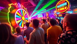 Crowd enjoying the thrilling action of crazy time live with a vibrant wheel and interactive game elements.