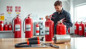 Fire extinguisher servicing Lichfield with a technician inspecting equipment in a professional setting.