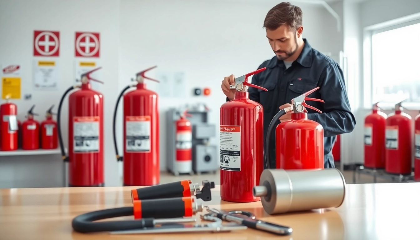 Fire extinguisher servicing Lichfield with a technician inspecting equipment in a professional setting.