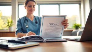 Reviewing Care certificate answers all standards in a bright office environment with a portfolio.