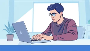 Download line电脑版下载 software on a sleek laptop in a bright workspace.