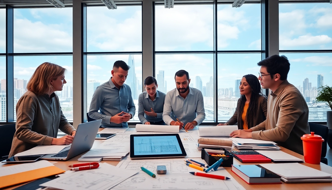 Team of professionals discussing nvq level 7 construction senior management answers in a vibrant office setting.