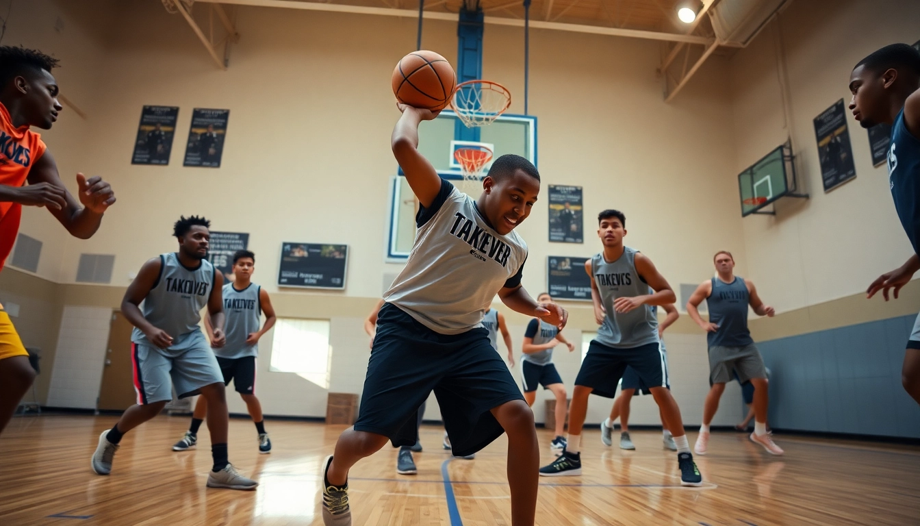 Young athletes executing basketball drills at Takeover Basketball Academy, showcasing teamwork and energy.