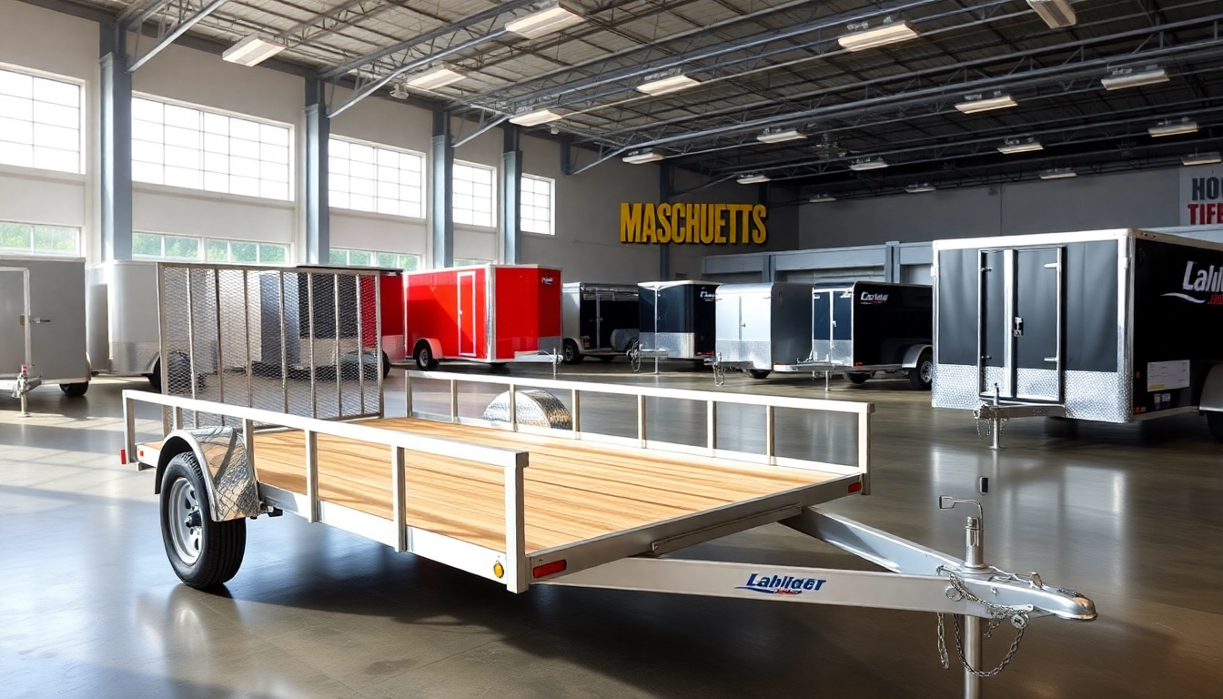 Explore trailers for sale in Massachusetts, showcasing various trailer types in a bright showroom.