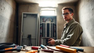 Technician installing an electrical panel in a well-organized workshop.