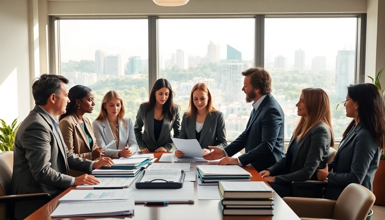 Environmental law firm team collaboratively strategizing legal plans in a modern office.