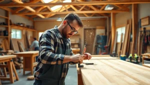 Engaged carpentry apprentice honing skills in wooden workshop during carpentry apprenticeship near me.
