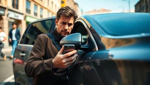 Driver facing Keys Locked in Car, considering options for help on a bright urban street.