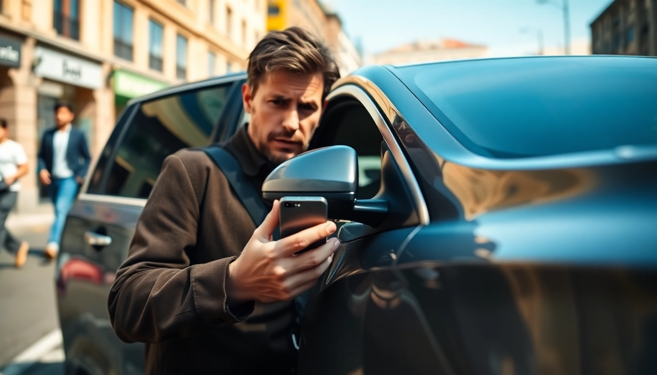 Driver facing Keys Locked in Car, considering options for help on a bright urban street.