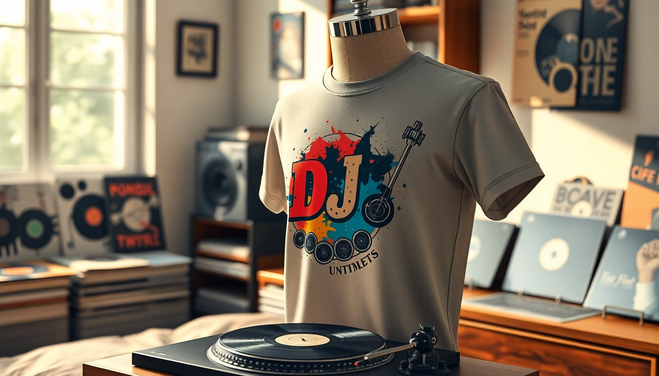 Showcase a turntable shirt featuring music graphics in a trendy bedroom setting.