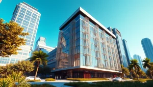 3D Visualisierung eines futuristischen architektonischen Designs in urbaner Umgebung.