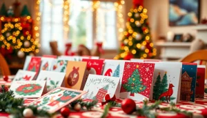 Order Christmas cards online UK with a vibrant display of festive greeting cards on a holiday table.