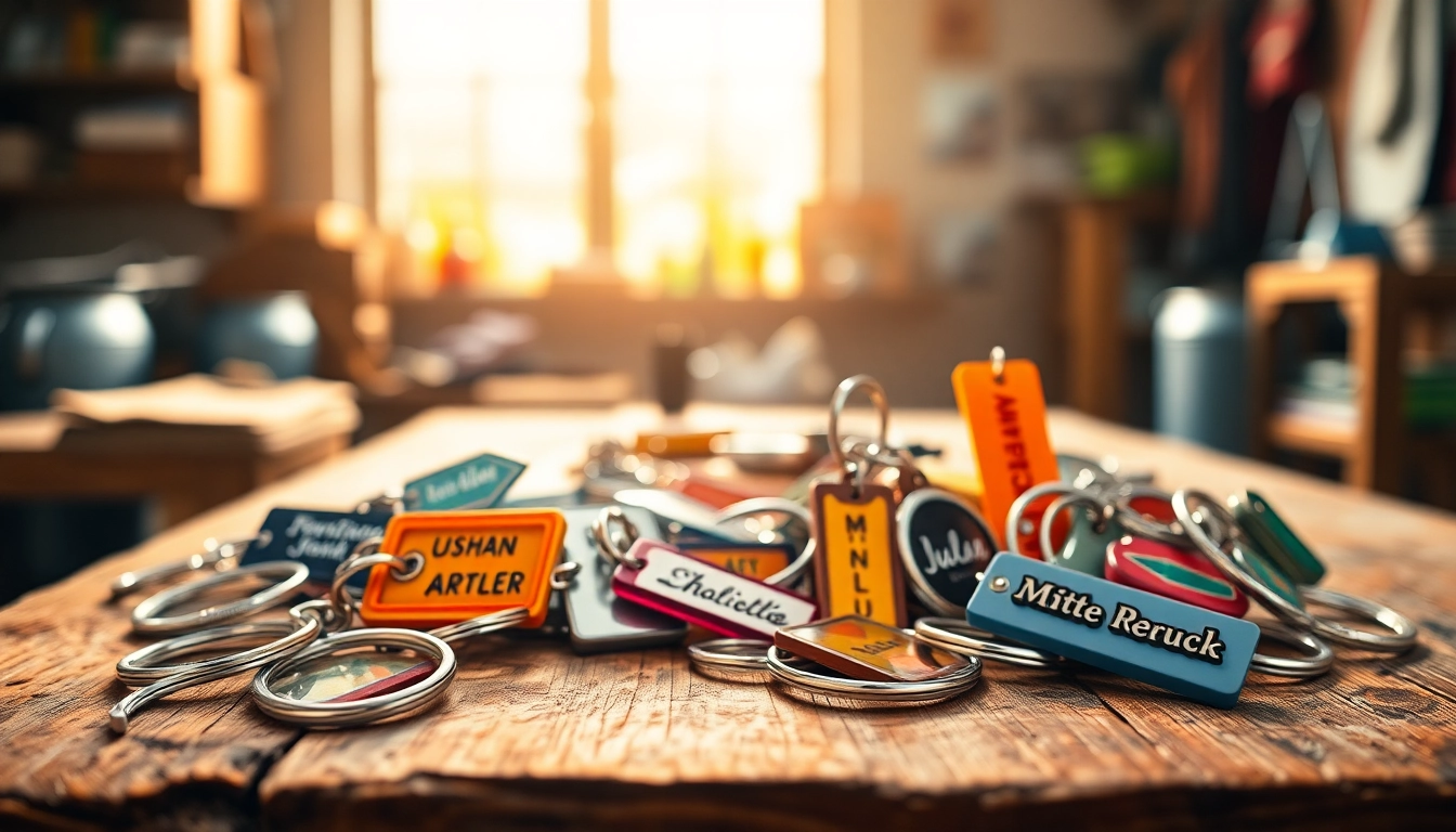 Showcasing an array of customized key chains in different styles and colors on a rustic table.