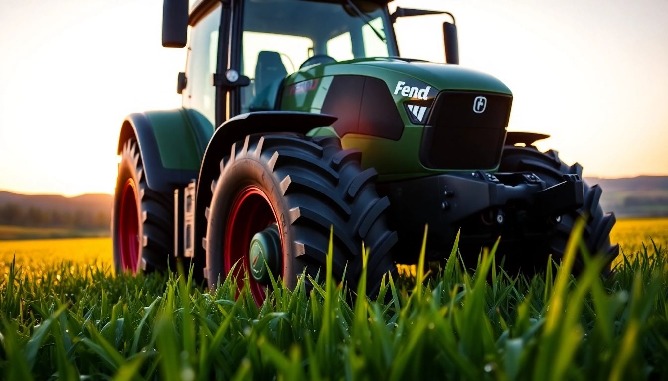Fendt Traktor in sonnenaufgehender Landschaft mit kraftvollem Design und detaillierter Ansicht.