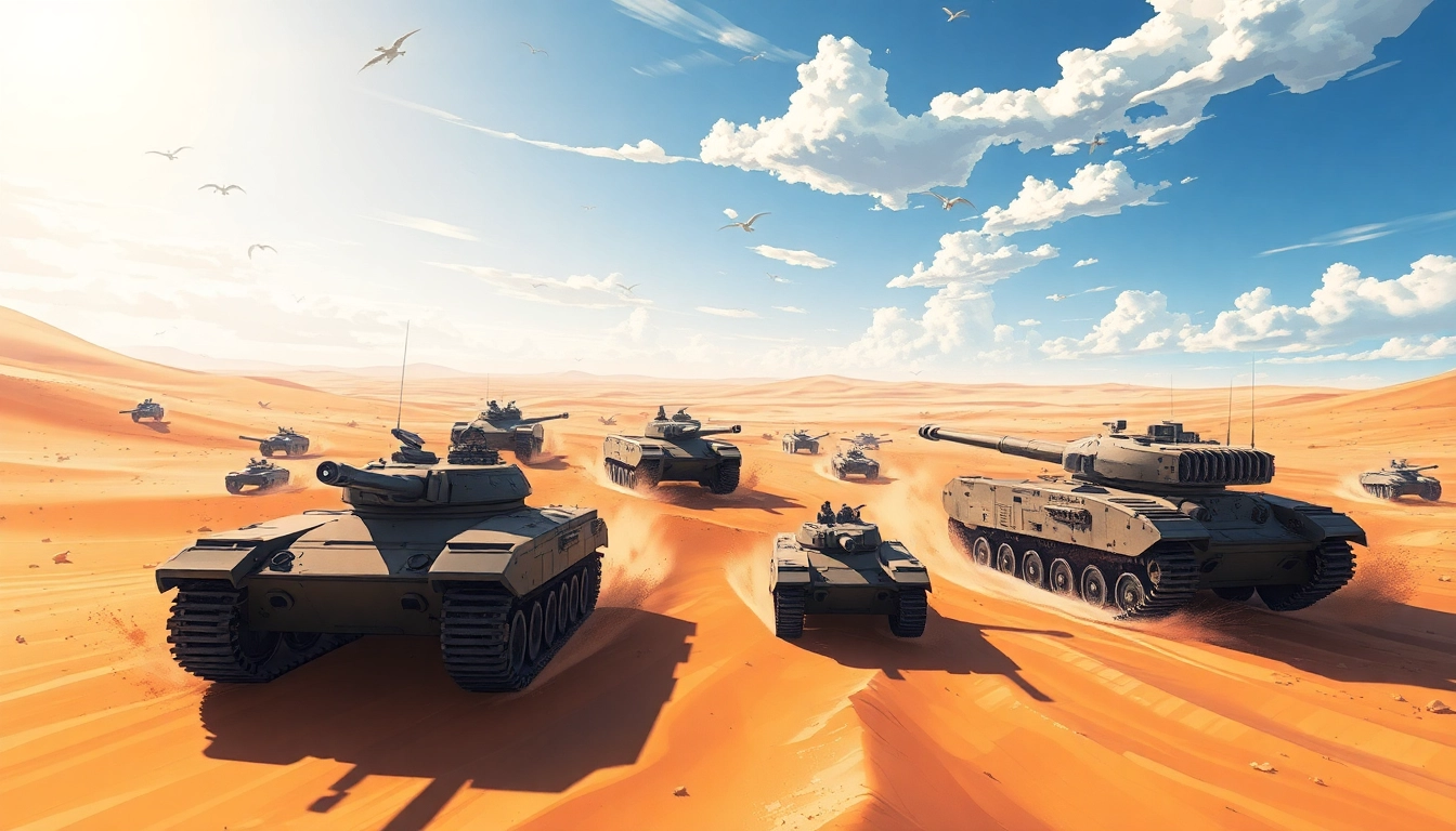 Download Dune 2 with vivid battle scenes of tanks and aliens in the desert landscape.