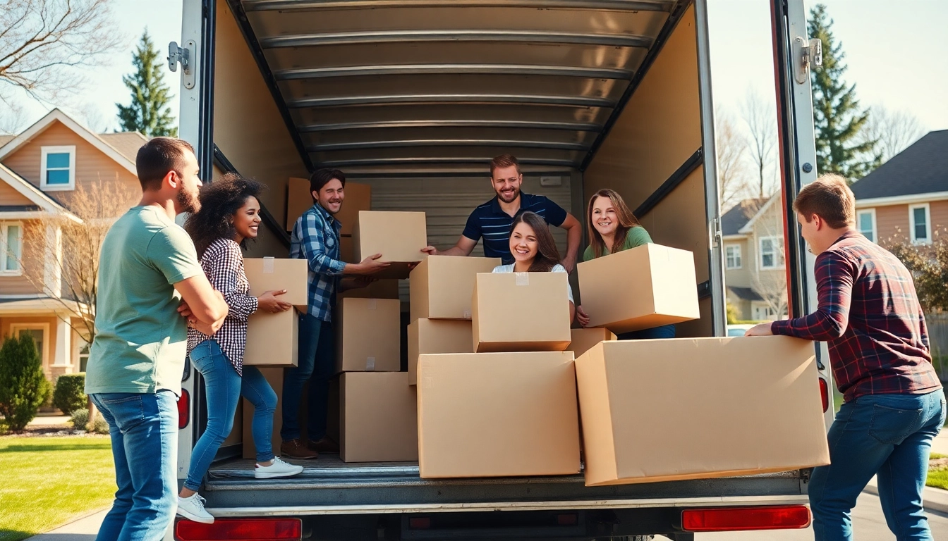Cheerful Cheap movers team efficiently loading boxes and furniture into a truck.