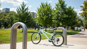 Modern bike rack in a vibrant urban park setting, showcasing sleek design and functionality.