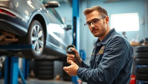 Wymiana koła Tychy: mechanik wymienia koło w profesjonalnym warsztacie.