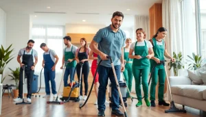 Engaging professionals delivering deep cleaning services Dubai in a bright apartment setting.