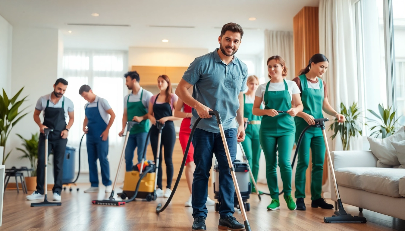 Engaging professionals delivering deep cleaning services Dubai in a bright apartment setting.