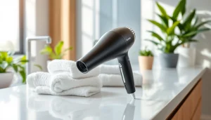 Lightweight hair dryer placed stylishly on a bathroom counter with plants and towels.