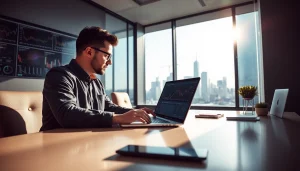 Engaging scene of elite trading with a professional trader analyzing financial data.