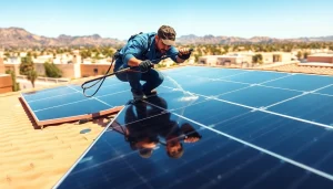Solar panel cleaning Phoenix technician cleaning residential panels on rooftop.