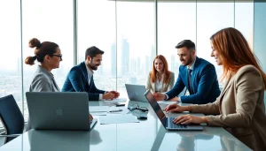 Consultants discussing strategies at Quickplus Business Consultants' modern office.